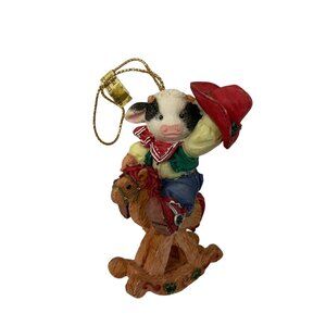 Cowboy Cow Christmas Tree Ornament With Rocking Horse & Hat